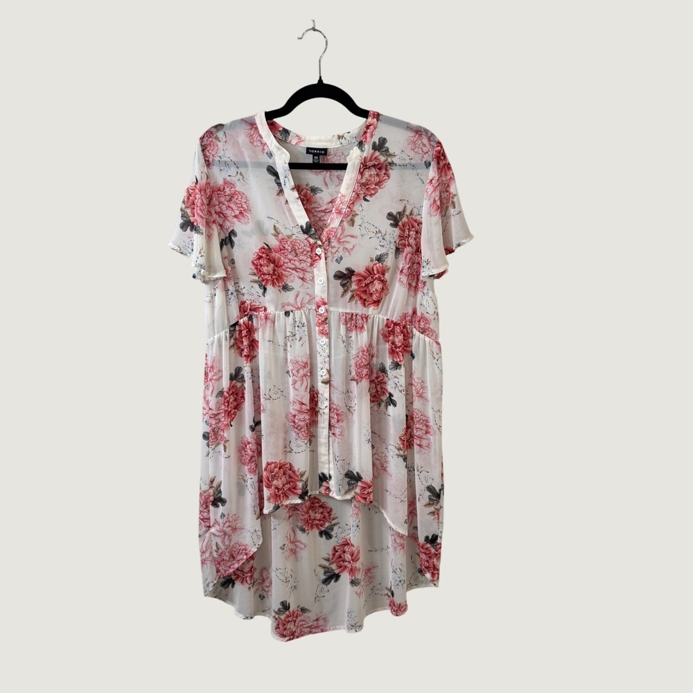Torrid Floral Chiffon High Low Babydoll Tunic Top‎ Pink Rose Sheer Size 00 (M/L)